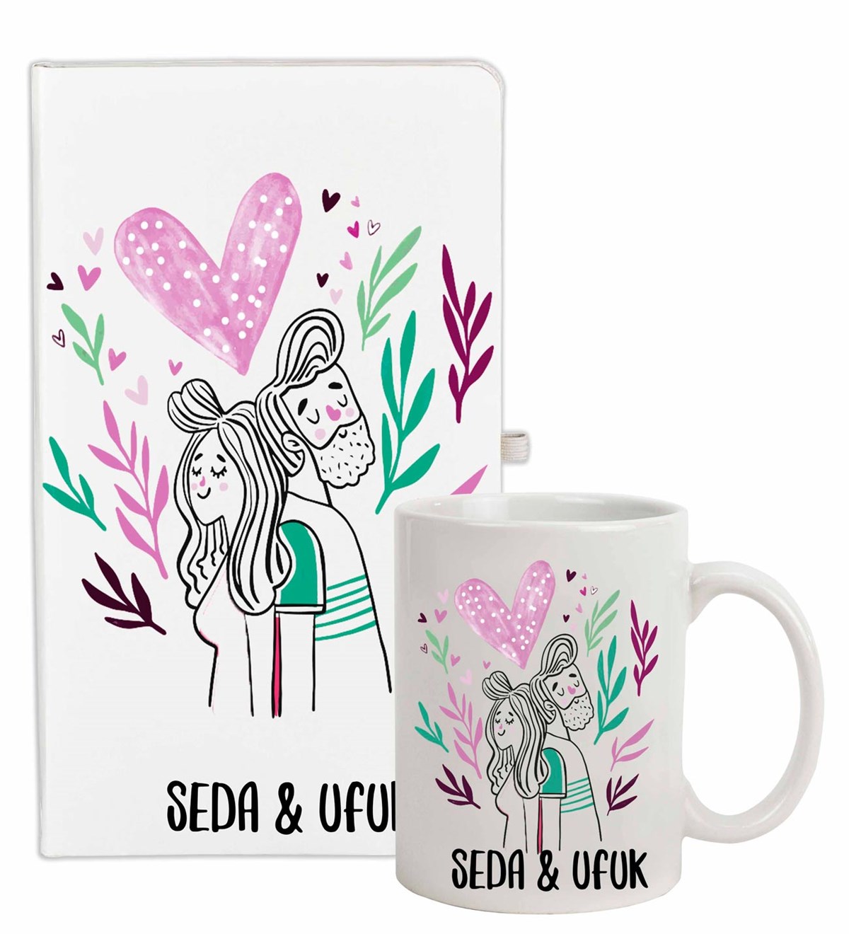 İsme Özel Defter Kupa Bardak Seti - Romantik Çift