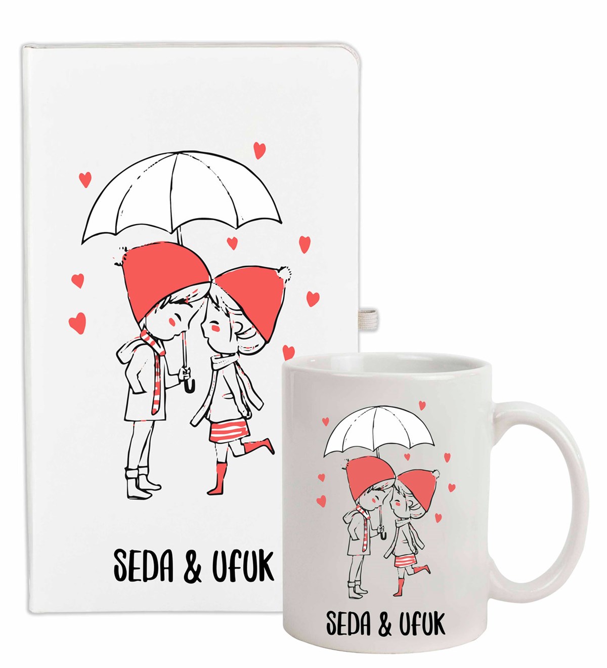 İsme Özel Defter Kupa Bardak Seti - Şemsiye Temalı