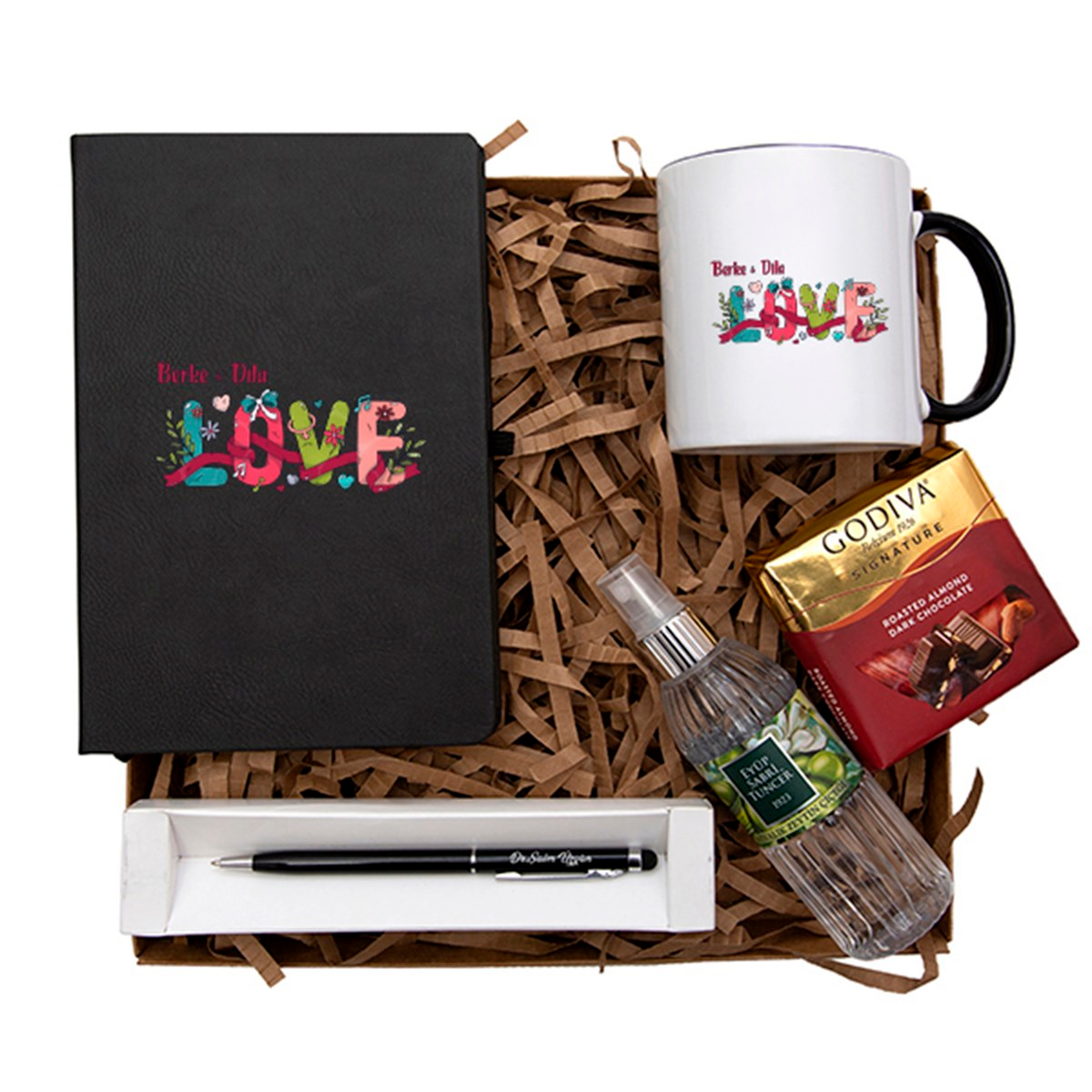 İsme Özel Defter Kupa Çikolata Kolonya Kalem Seti Hediye Kutusu - Çiçekli Love Temalı