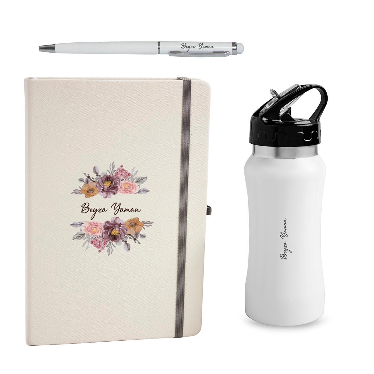 İsme Özel Defter Matara ve Kalem Lüx Hediye Seti 500 ml - Desen1