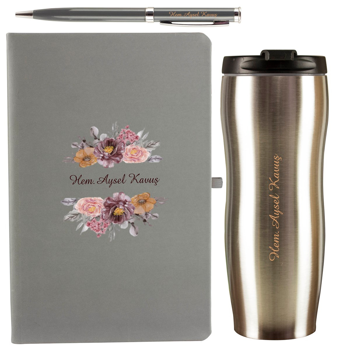 İsme Özel Defter Termos ve Kalem Elegance Hediye Seti 400 ml - Desen1
