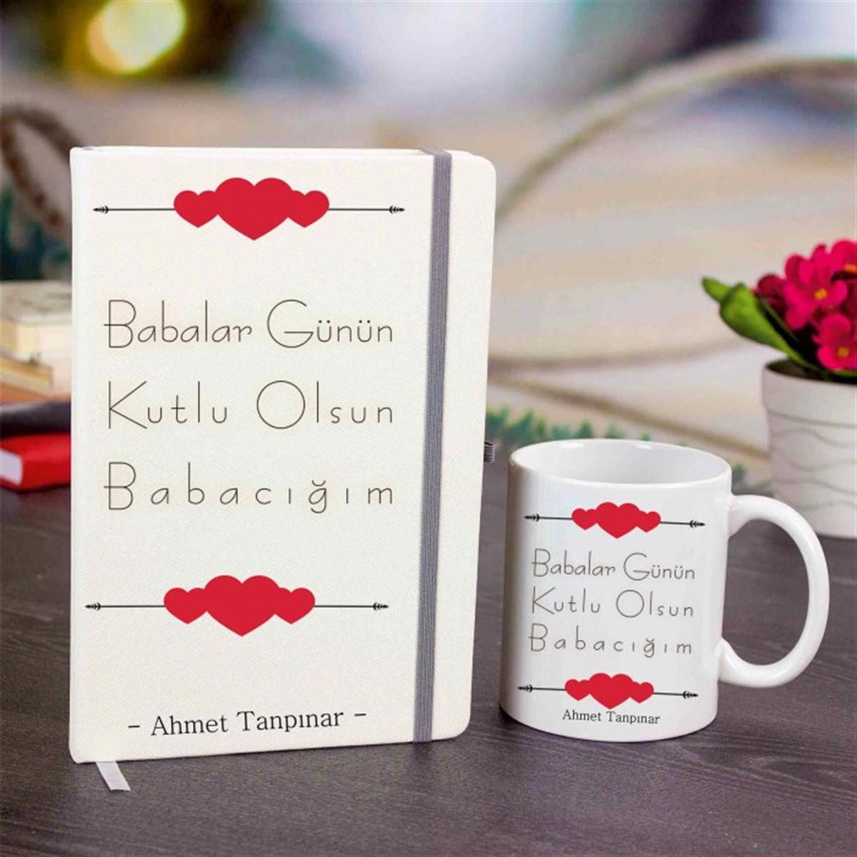 İsme Özel Defter ve Kupa Bardak Seti - Babalar Günü Kalpli