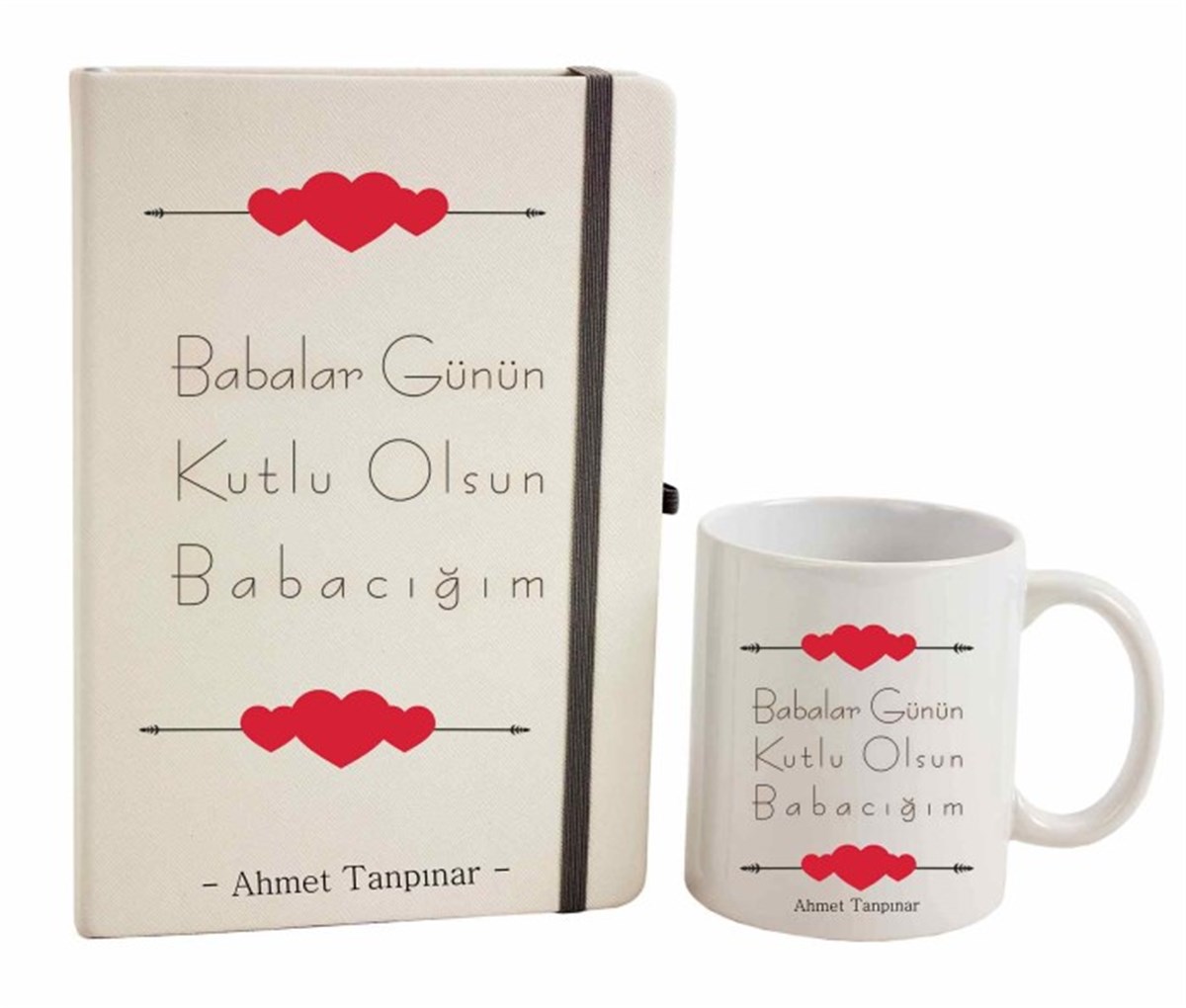 İsme Özel Defter ve Kupa Bardak Seti - Babalar Günü Kalpli