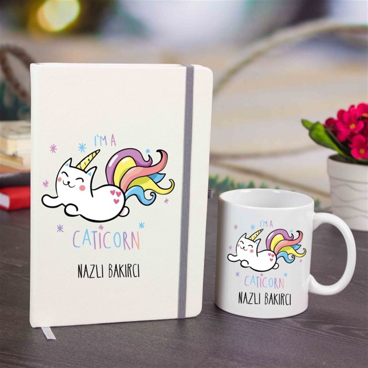 İsme Özel Defter ve Kupa Bardak Seti - Caticorn
