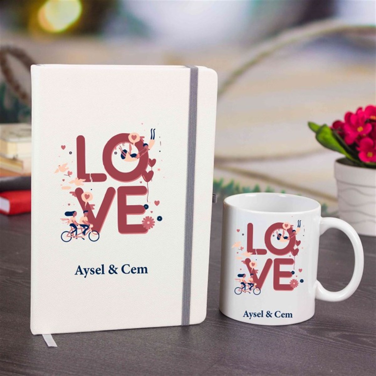 İsme Özel Defter ve Kupa Bardak Seti - Harfli Love 