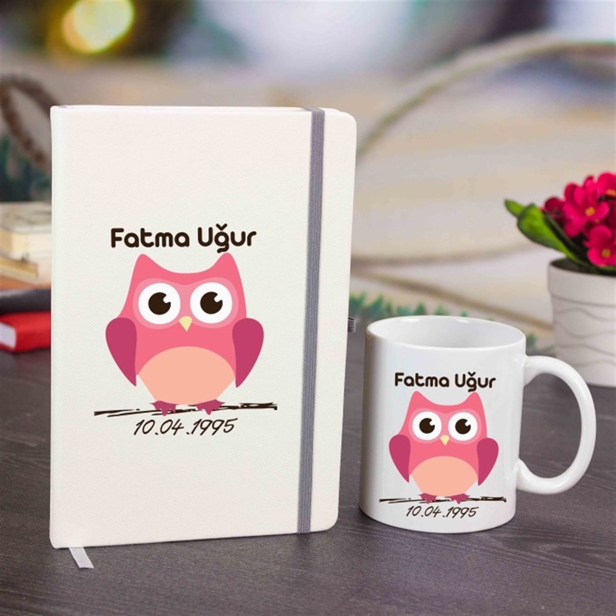 İsme Özel Defter ve Kupa Bardak Seti - Pembe Baykuş