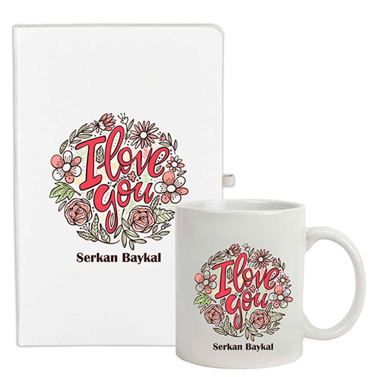 İsme Özel Defter ve Kupa Bardak Seti - Çiçek Detaylı I Love You Baskılı
