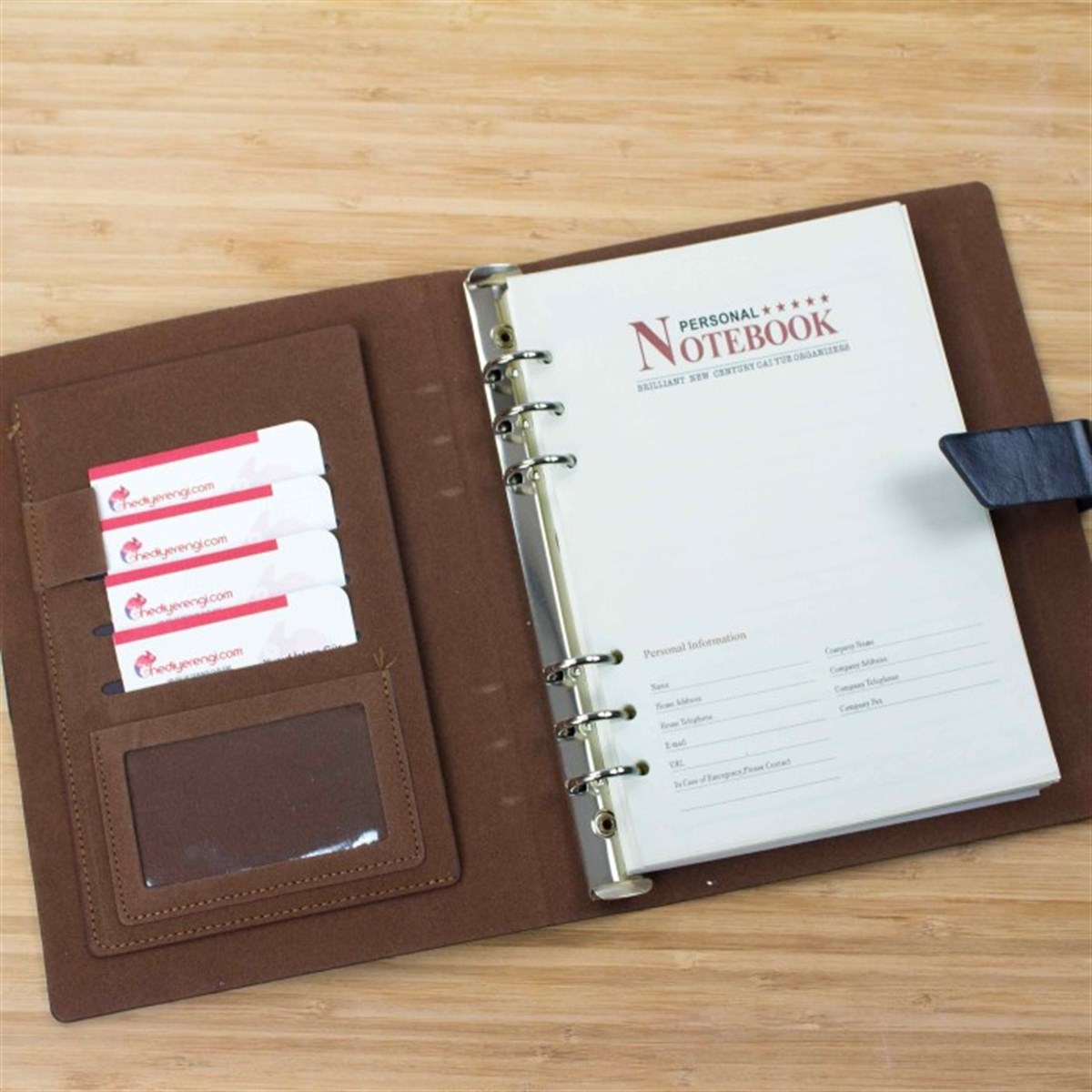 İsme Özel Deri Kapaklı Organizerli Çiçekli Defter ve Kalem Seti