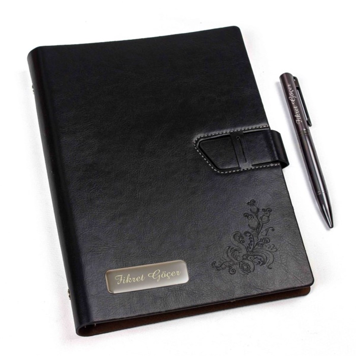 İsme Özel Deri Kapaklı Organizerli Çiçekli Defter ve Kalem Seti