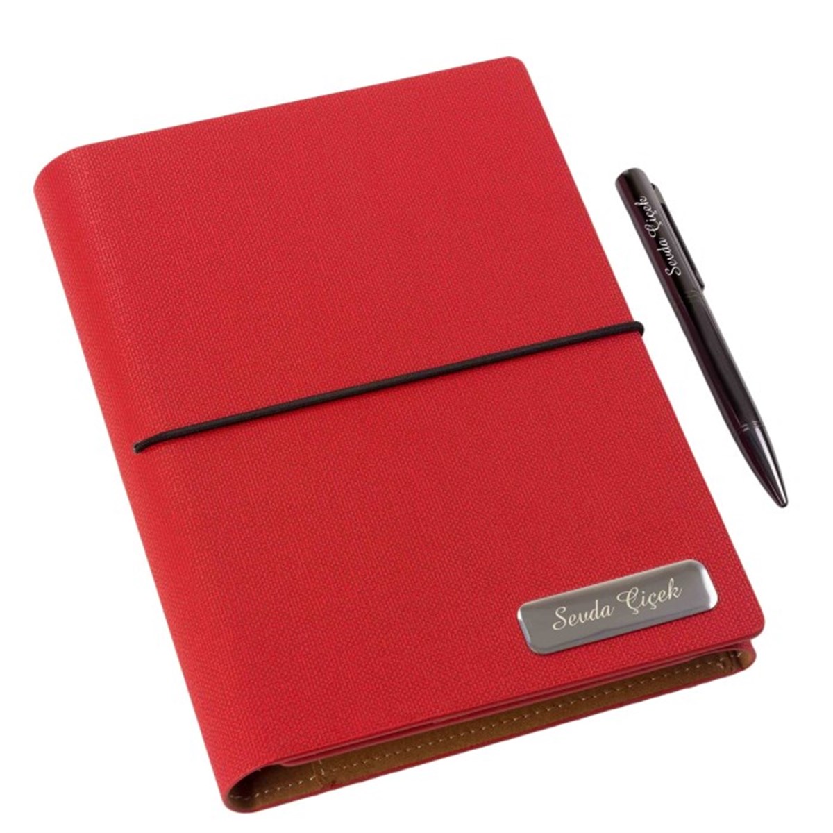 İsme Özel Deri Kapaklı Organizerli Defter ve Kalem Seti Kırmızı