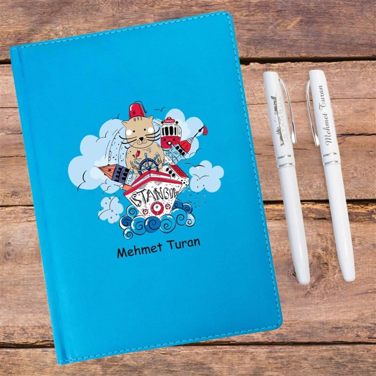 İsme Özel Eski İstanbul Temalı Defter Tepsili Fincan ve Kalem Seti M3