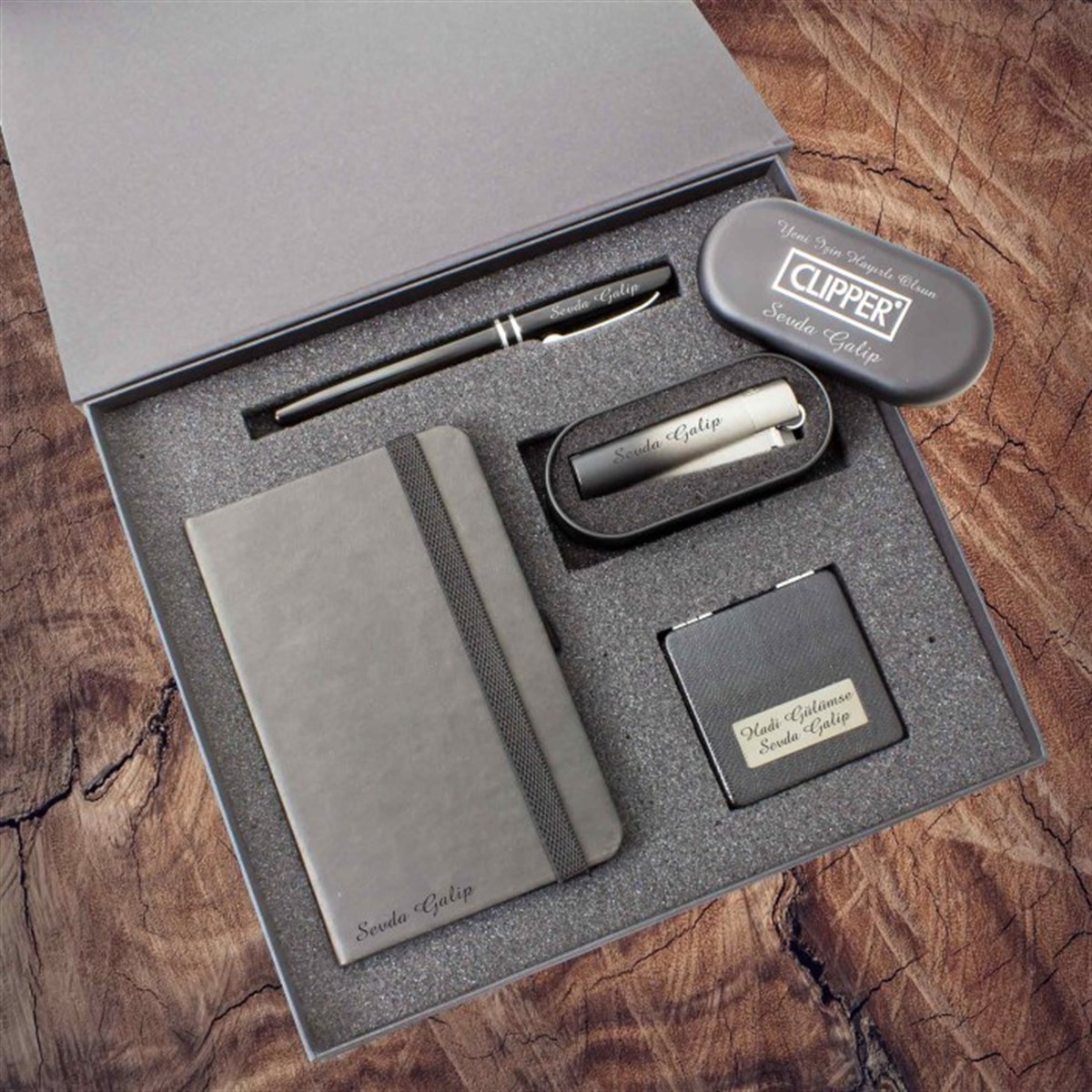 İsme Özel Exclusive Defter Kalem Ayna ve Çakmak Seti Siyah