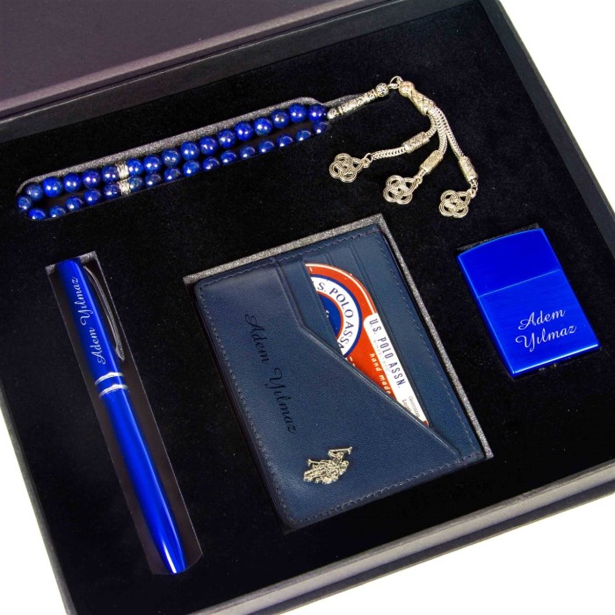 İsme Özel Exclusive U.S. Polo Assn. Kartlık Çakmak ve Tesbih Hediye Seti Lacivert