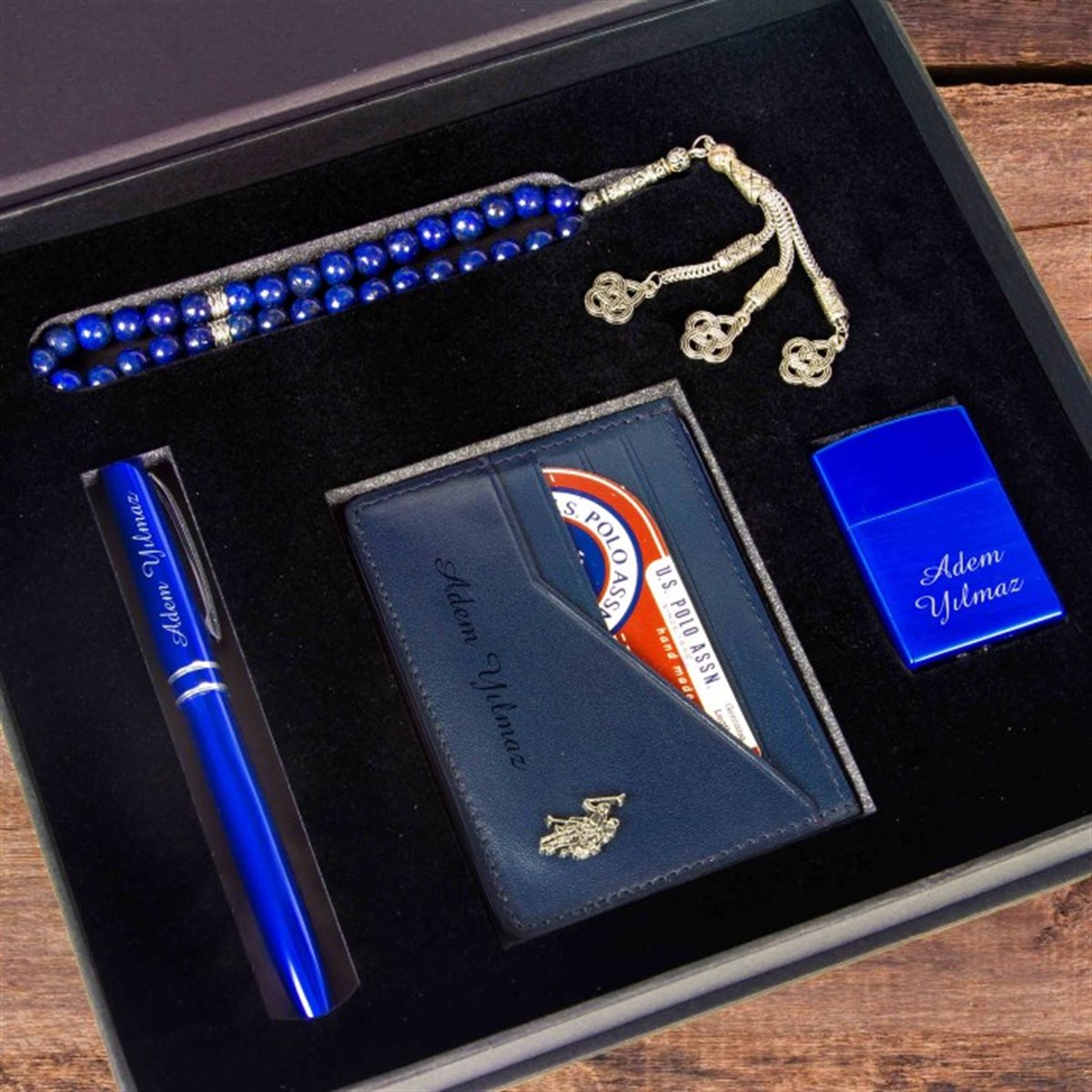İsme Özel Exclusive U.S. Polo Assn. Kartlık Çakmak ve Tesbih Hediye Seti Lacivert
