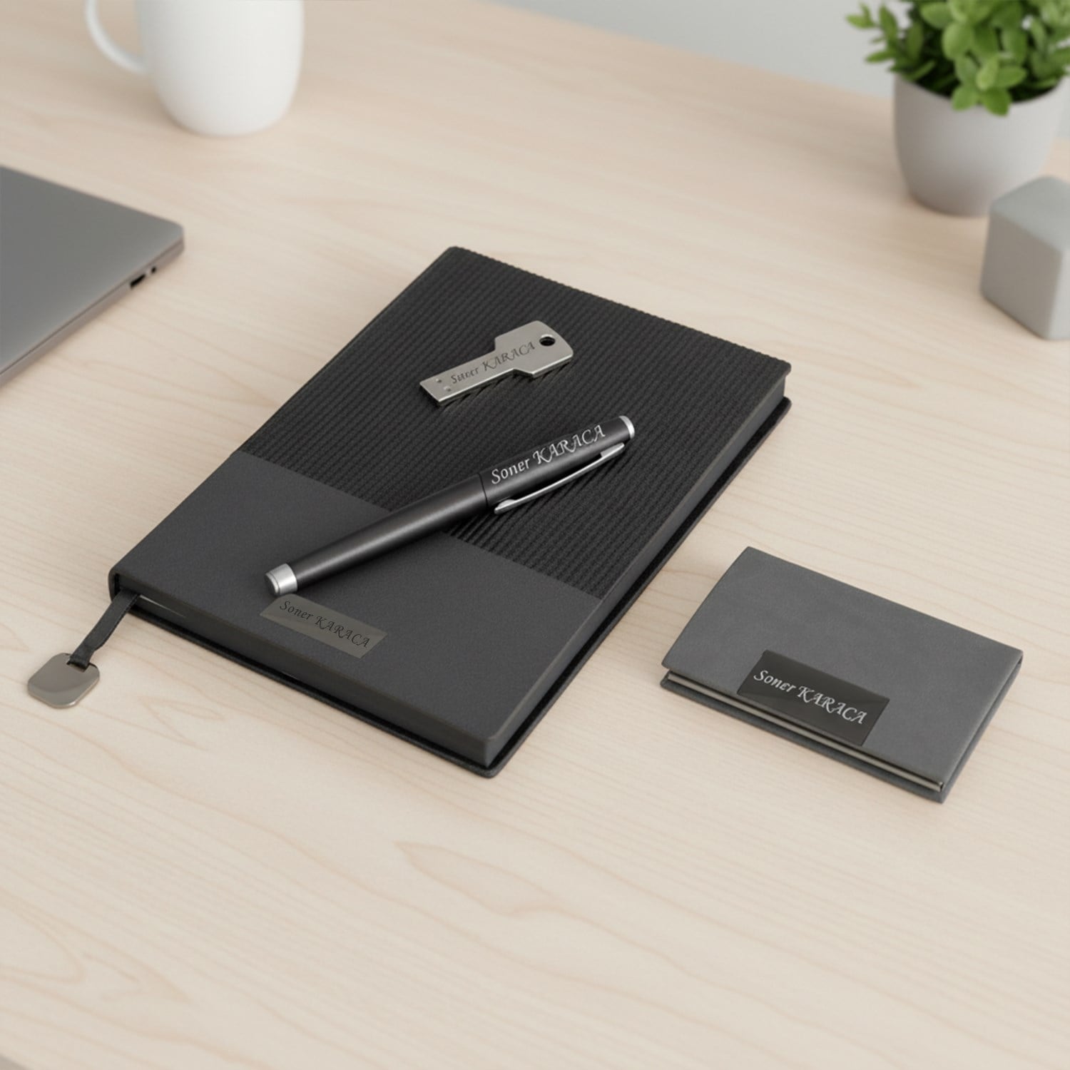 İsme Özel Gri Defter Roller Kalem USB Flash Bellek ve Kartvizitlik Seti