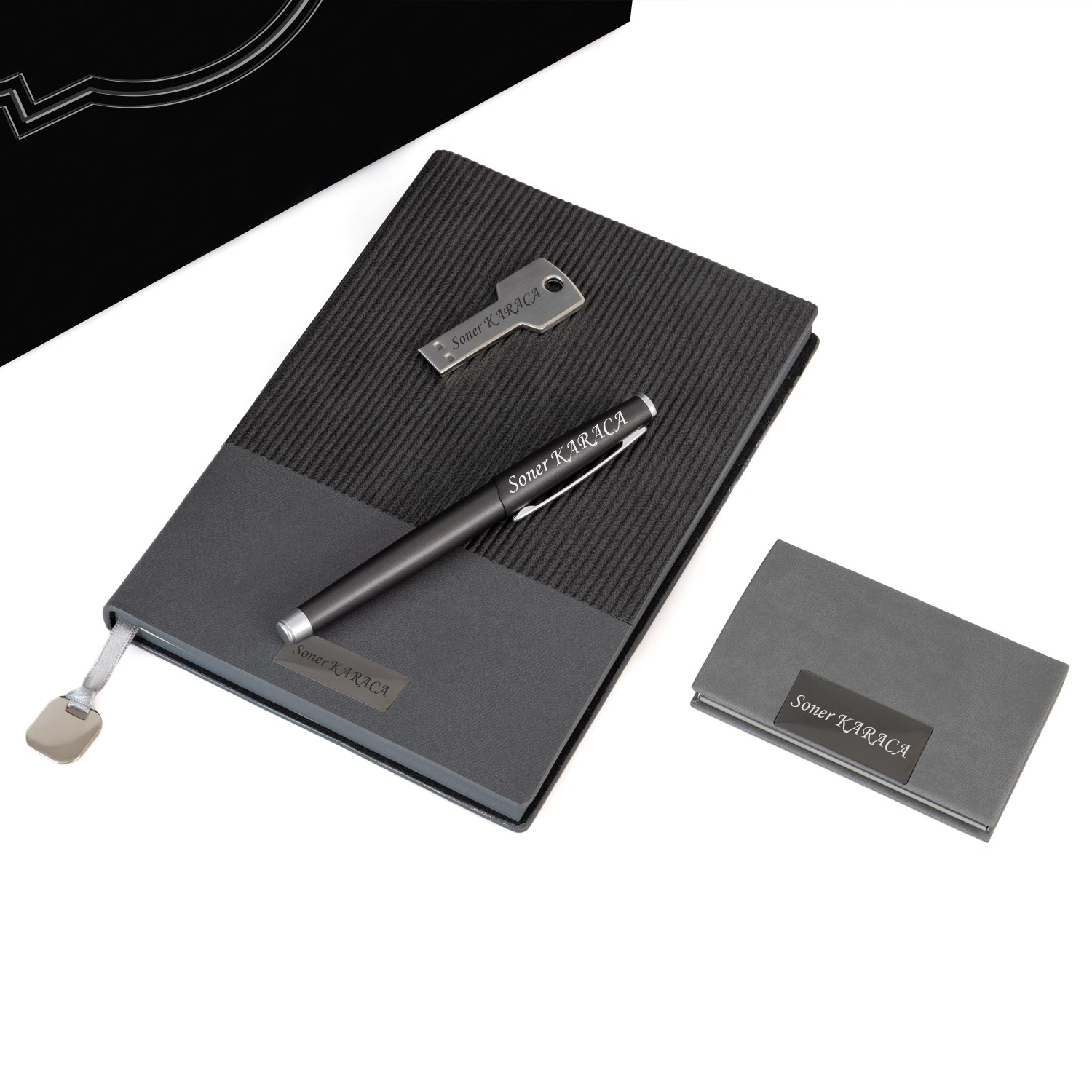 İsme Özel Gri Defter Roller Kalem USB Flash Bellek ve Kartvizitlik Seti