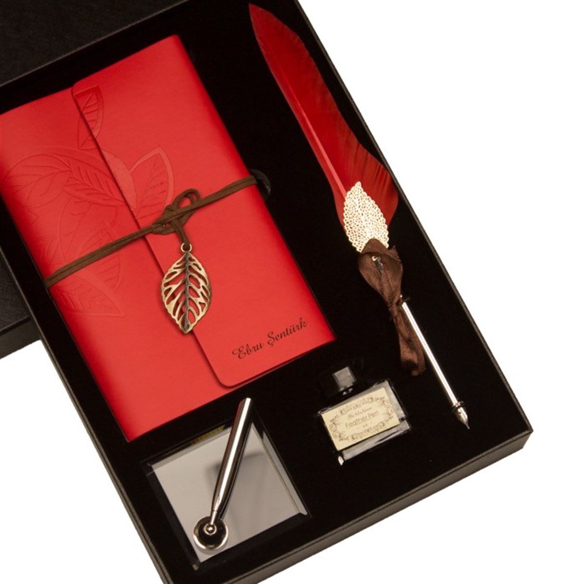 İsme Özel Hatıra Defteri Masa Üstü Tüylü Divit Kalem Mürekkep Seti - Kırmızı