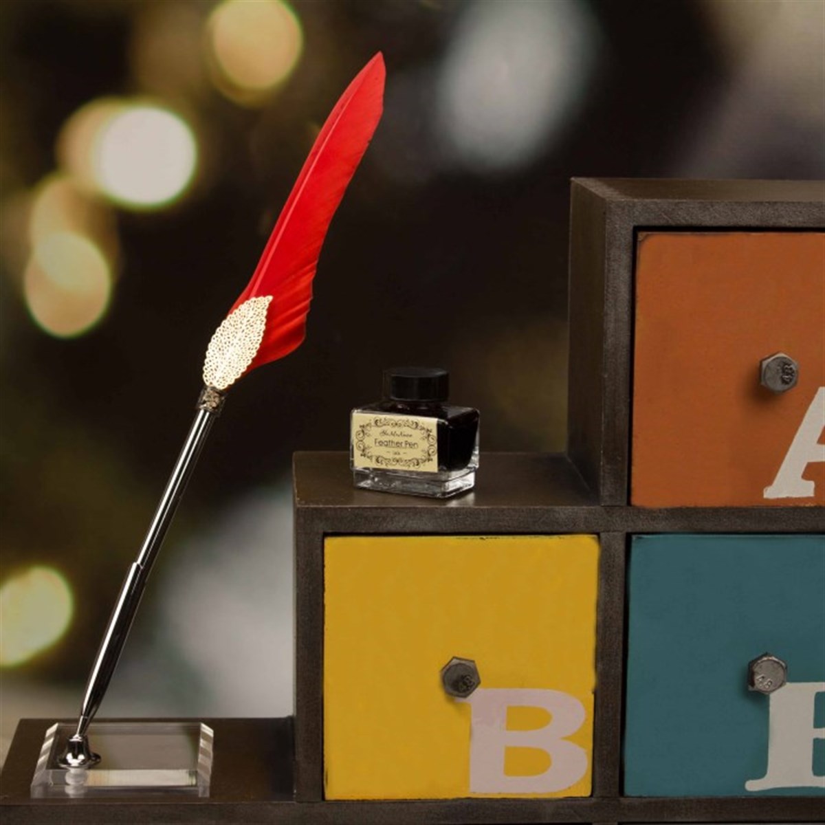 İsme Özel Hatıra Defteri Masa Üstü Tüylü Divit Kalem Mürekkep Seti - Kırmızı