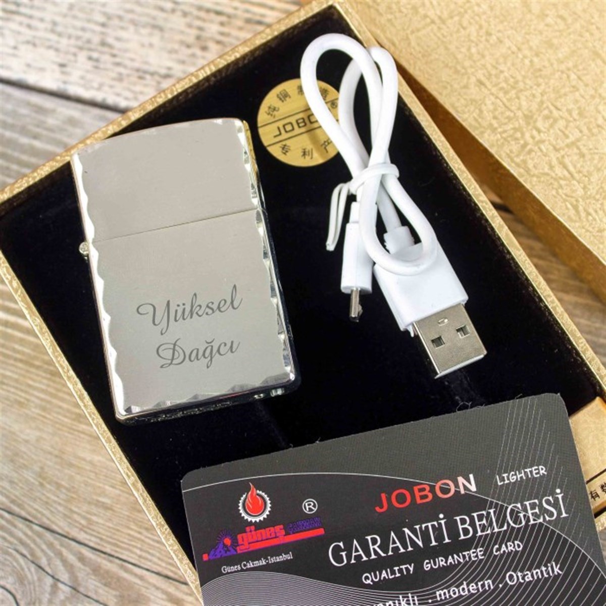 İsme Özel Jobon Metal Desenli Elektirkli Çakmak Usb Şarjlı Gold M3