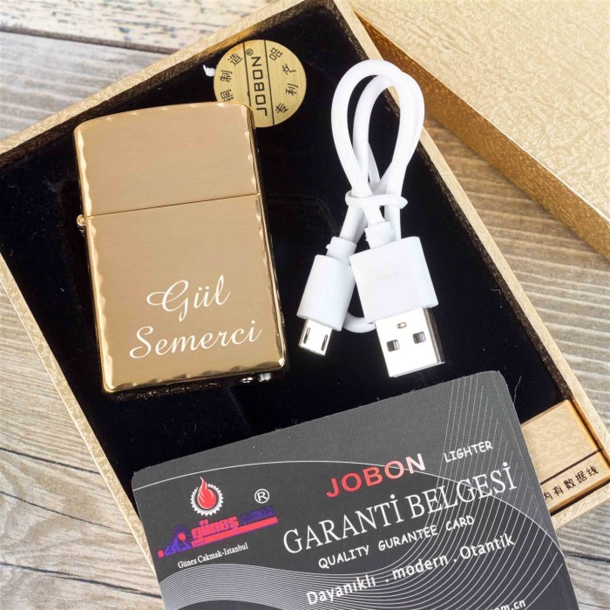 İsme Özel Jobon Metal Desenli Elektirkli Çakmak Usb Şarjlı Gold M3