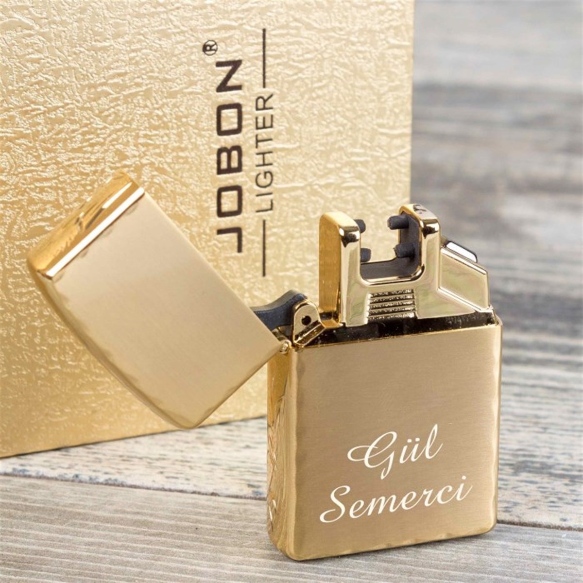 İsme Özel Jobon Metal Desenli Elektirkli Çakmak Usb Şarjlı Gold M3