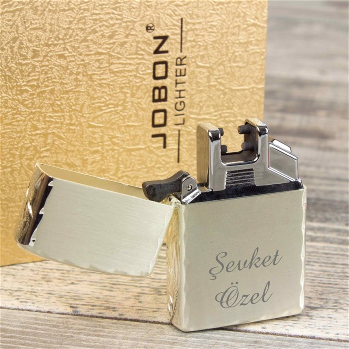 İsme Özel Jobon Metal Desenli Elektirkli Çakmak Usb Şarjlı Gold M3