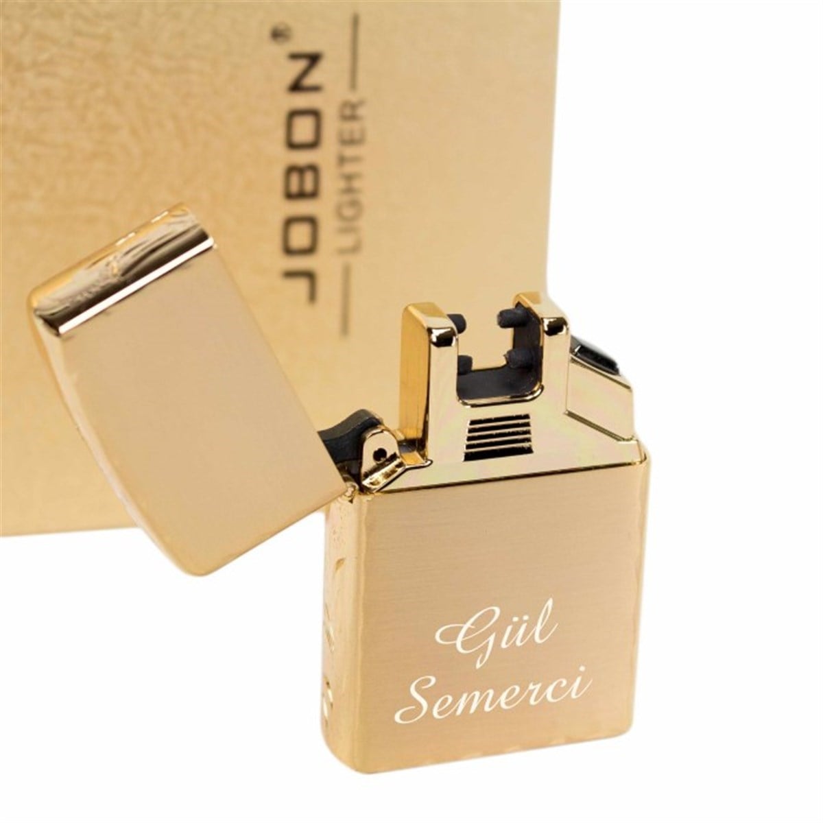 İsme Özel Jobon Metal Desenli Elektirkli Çakmak Usb Şarjlı Gold M3