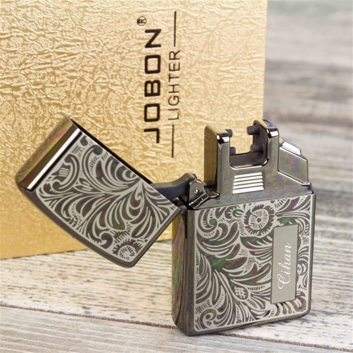 İsme Özel Jobon Metal Desenli Tesla Çakmak Usb Şarjlı Füme
