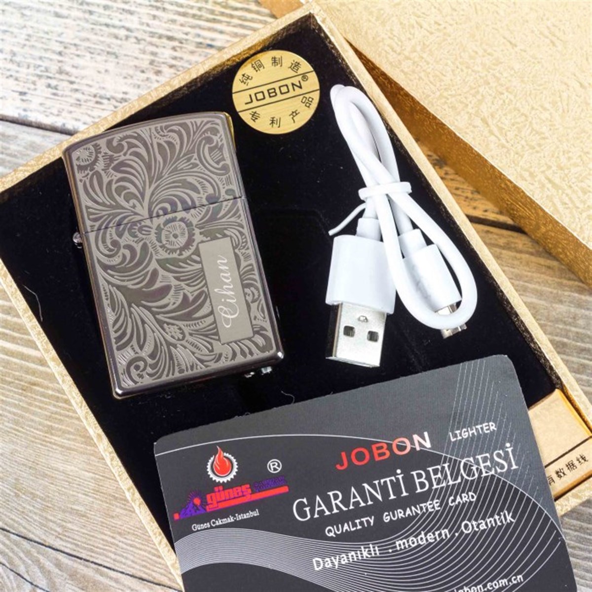 İsme Özel Jobon Metal Desenli Tesla Çakmak Usb Şarjlı Füme
