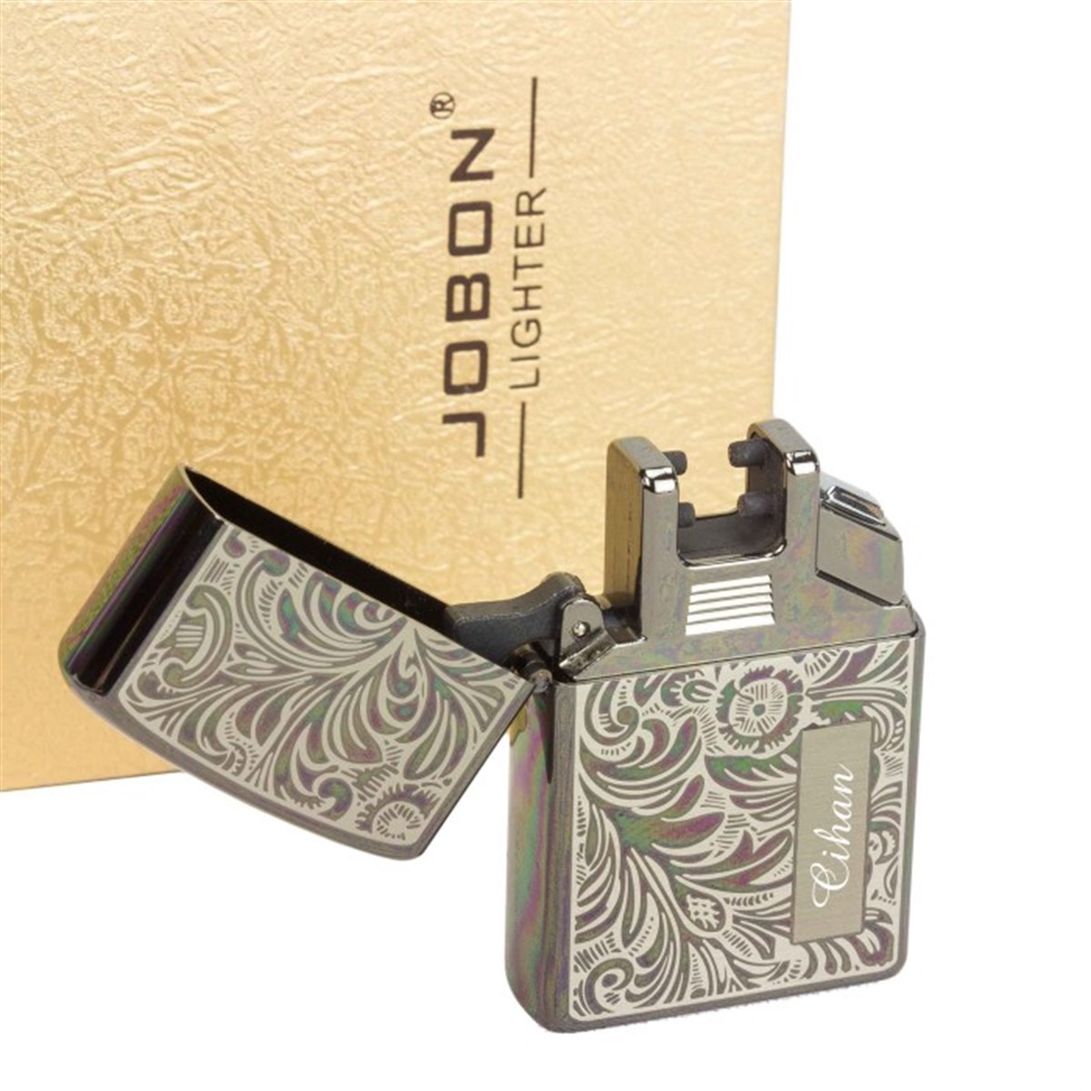 İsme Özel Jobon Metal Desenli Tesla Çakmak Usb Şarjlı Füme