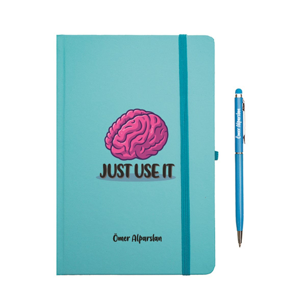 İsme Özel Just Use It Temalı Defter Kupa Bardak ve Kalem Seti - Mavi