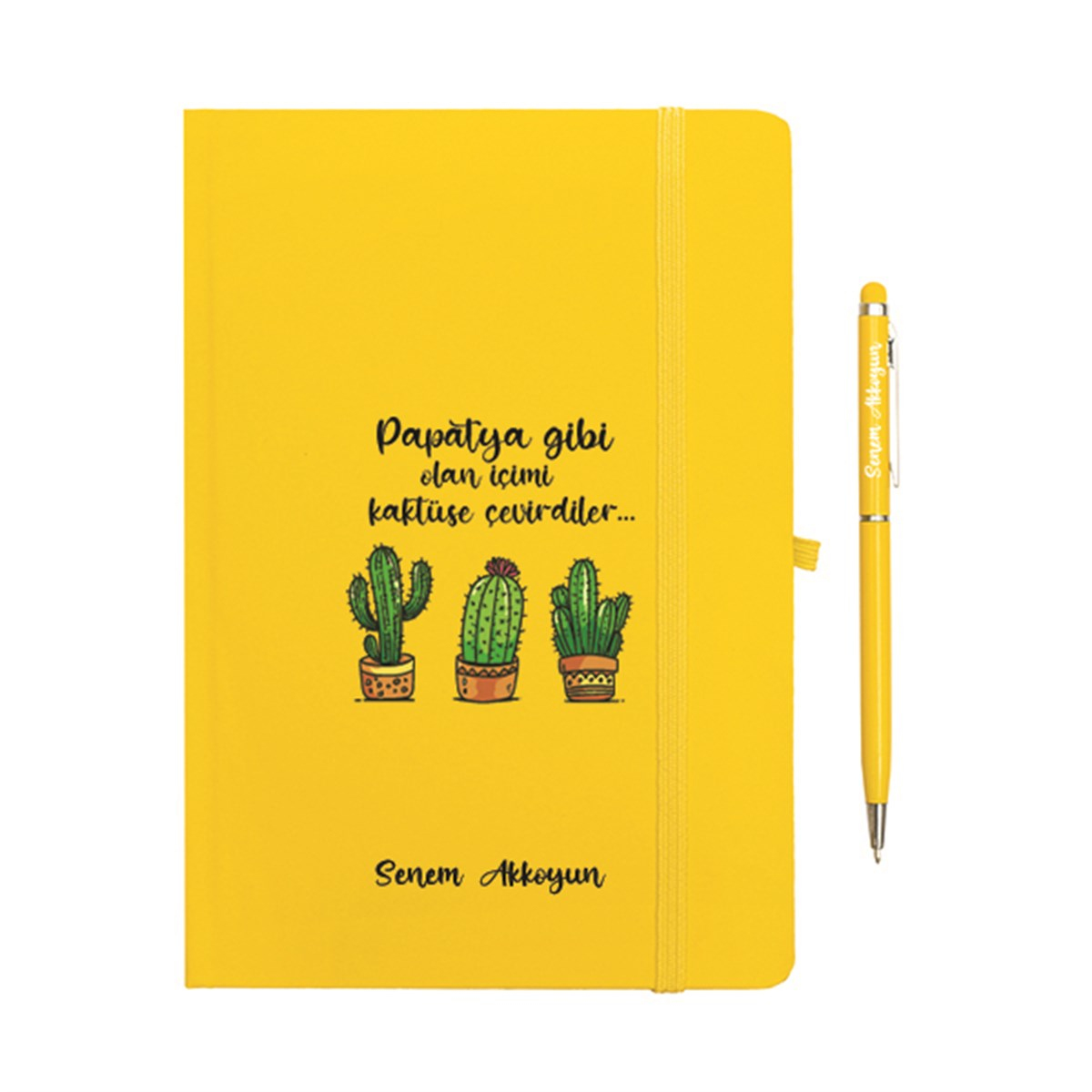 İsme Özel Kaktüs Temalı Defter ve Kalem Seti - Sarı