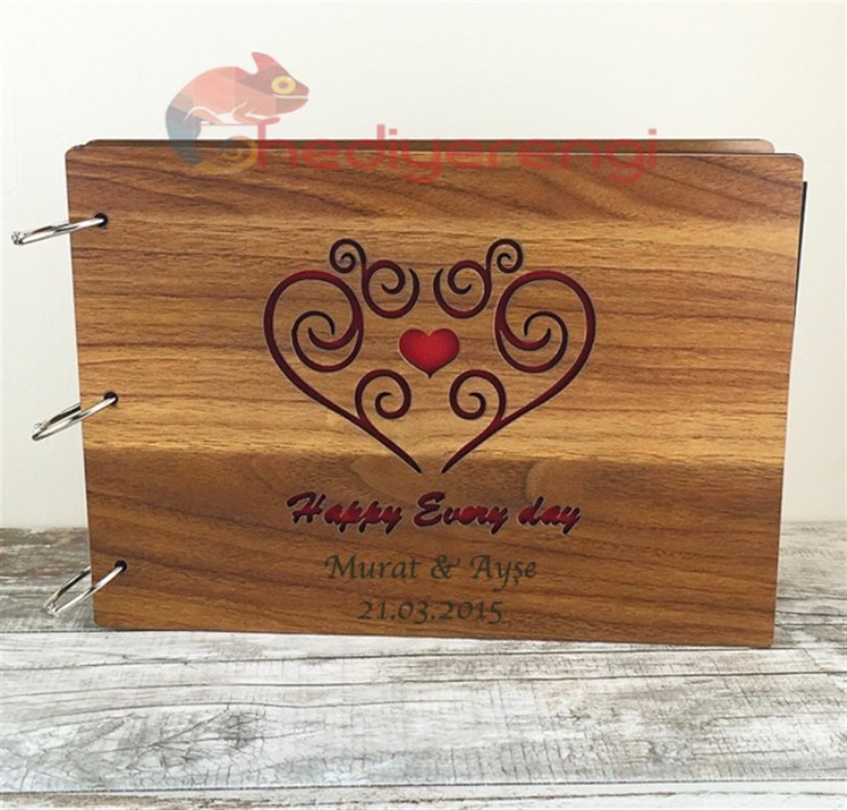 İsme Özel Kalp Desenli Ahşap Kendin Yap Albüm Defter Happy Everyday