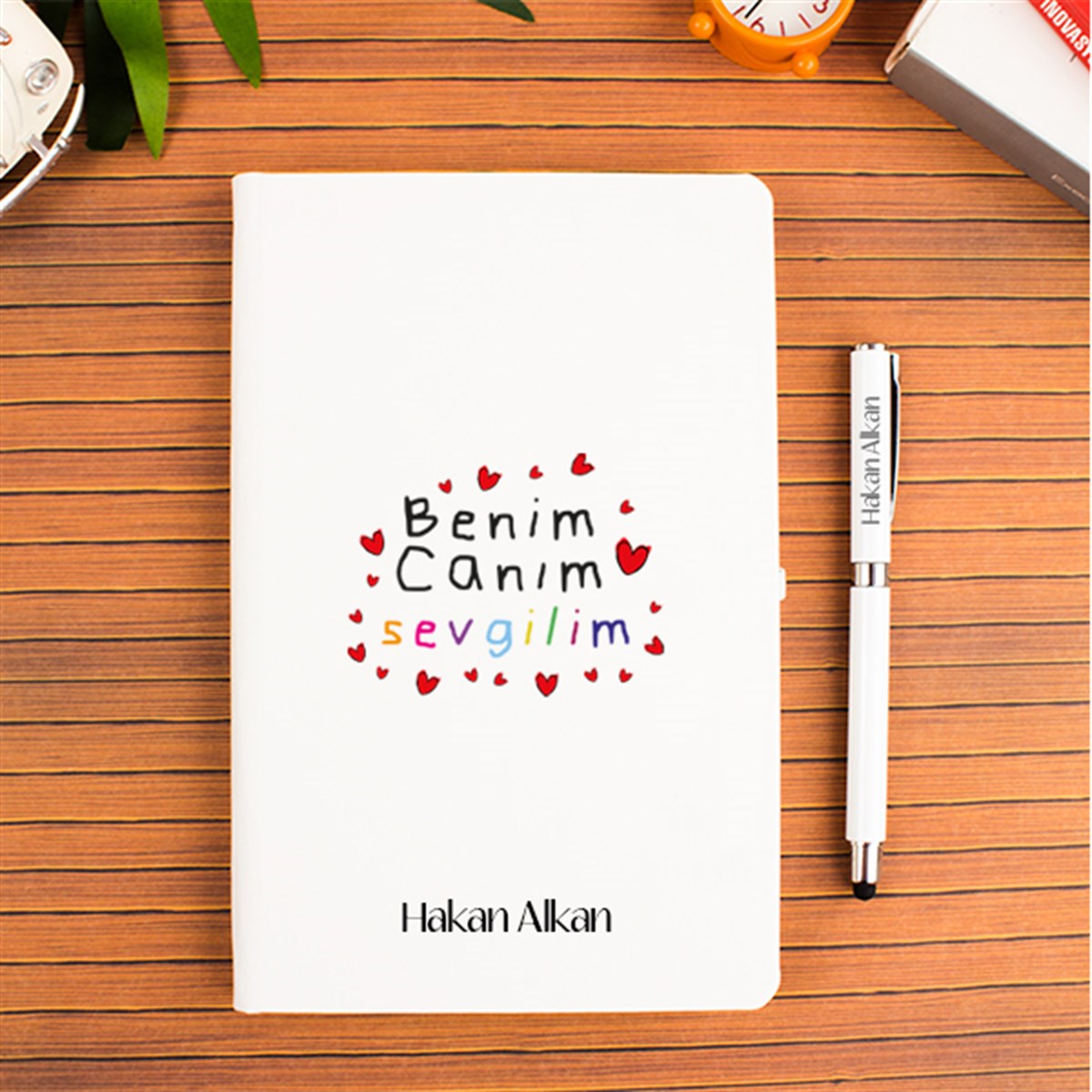 İsme Özel Kalpli Çizim Temalı Defter ve Kalem Seti - Benim Canım Sevgilim