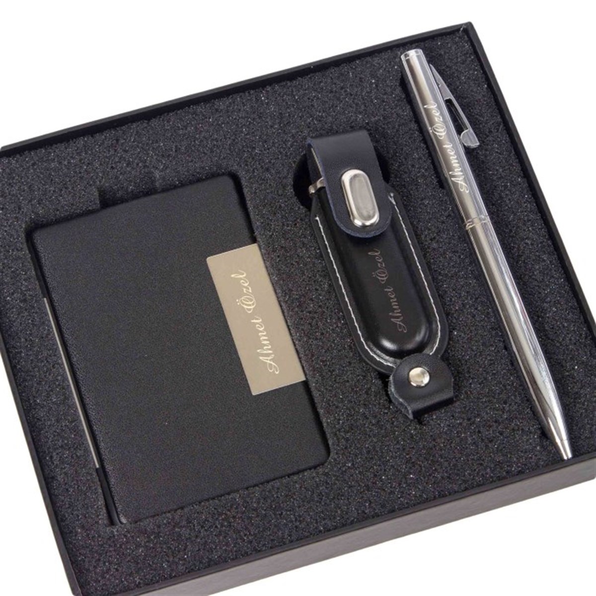 İsme Özel Kartvizitlik Usb ve Tükenmez Kalem Seti Siyah