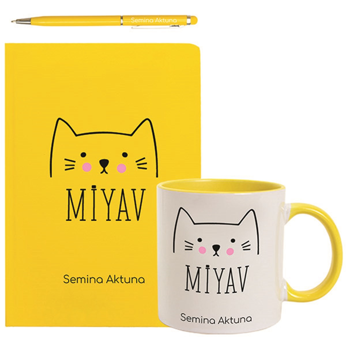 İsme Özel Kedi Figürü Temalı Defter Kupa Bardak ve Kalem Seti - Sarı