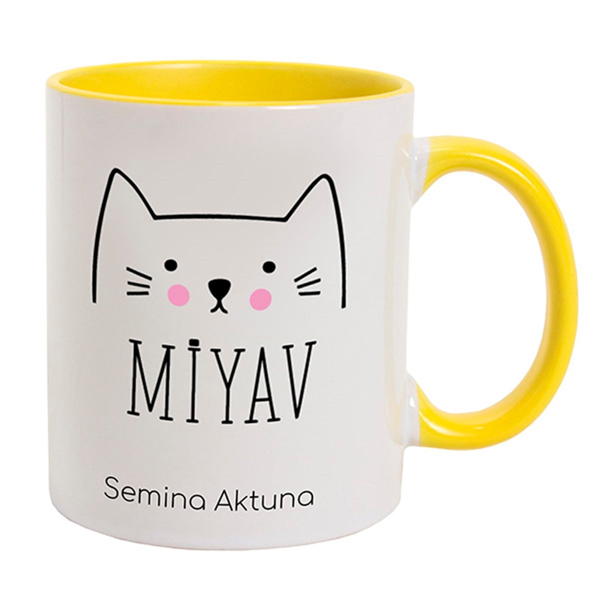 İsme Özel Kedi Figürü Temalı Kupa Bardak - Sarı Kulplu