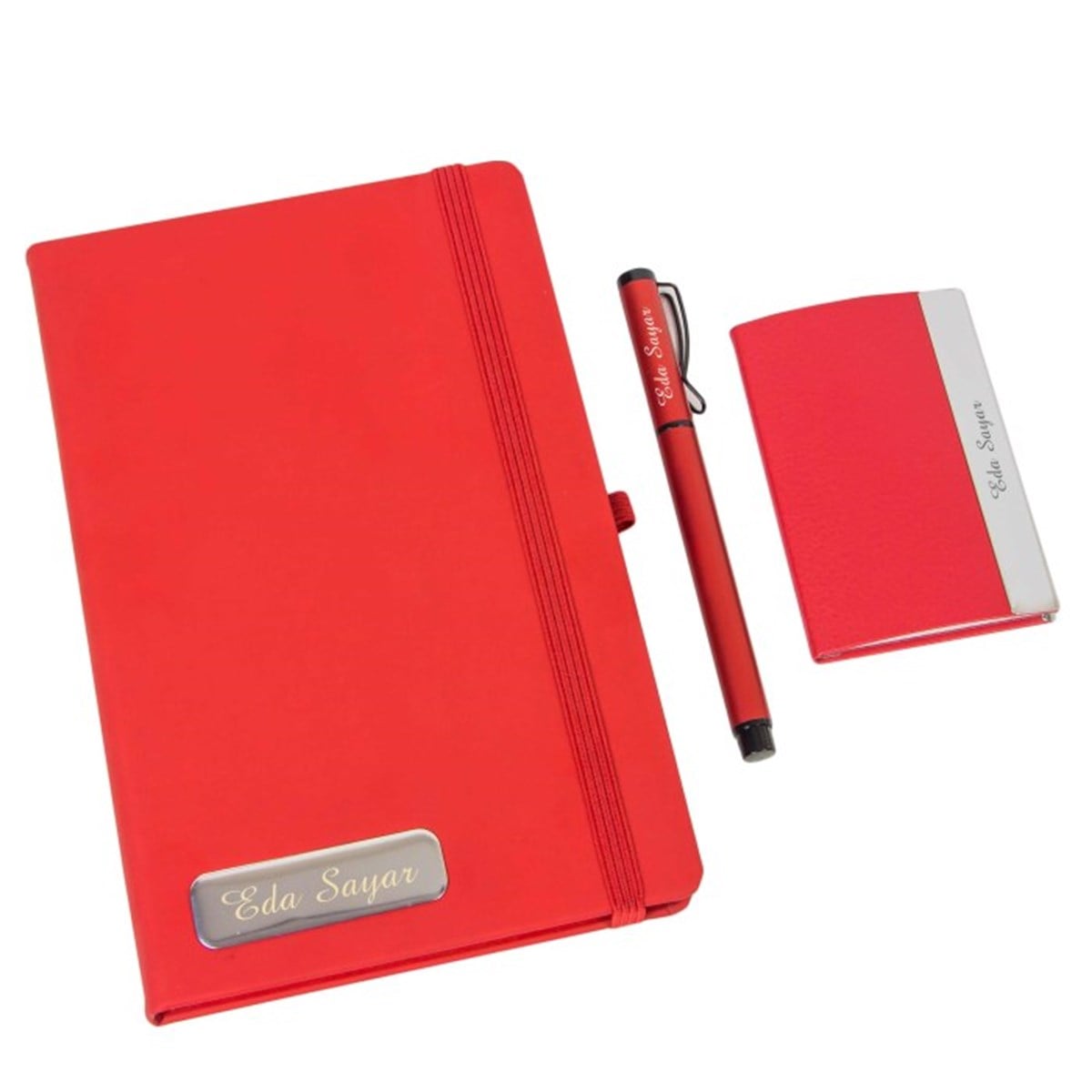 İsme Özel Kırmızı Defter Kartvizitlik ve Kalem Seti Özel Tasarım Kutulu​
