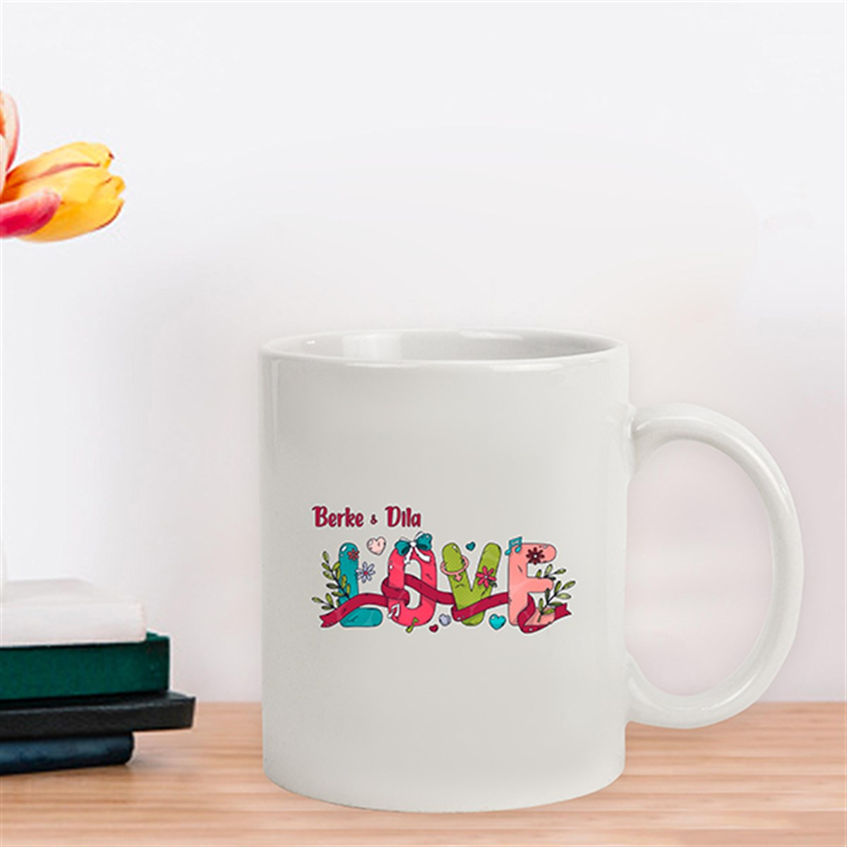 İsme Özel Kupa Bardak - Çiçekli Love Temalı
