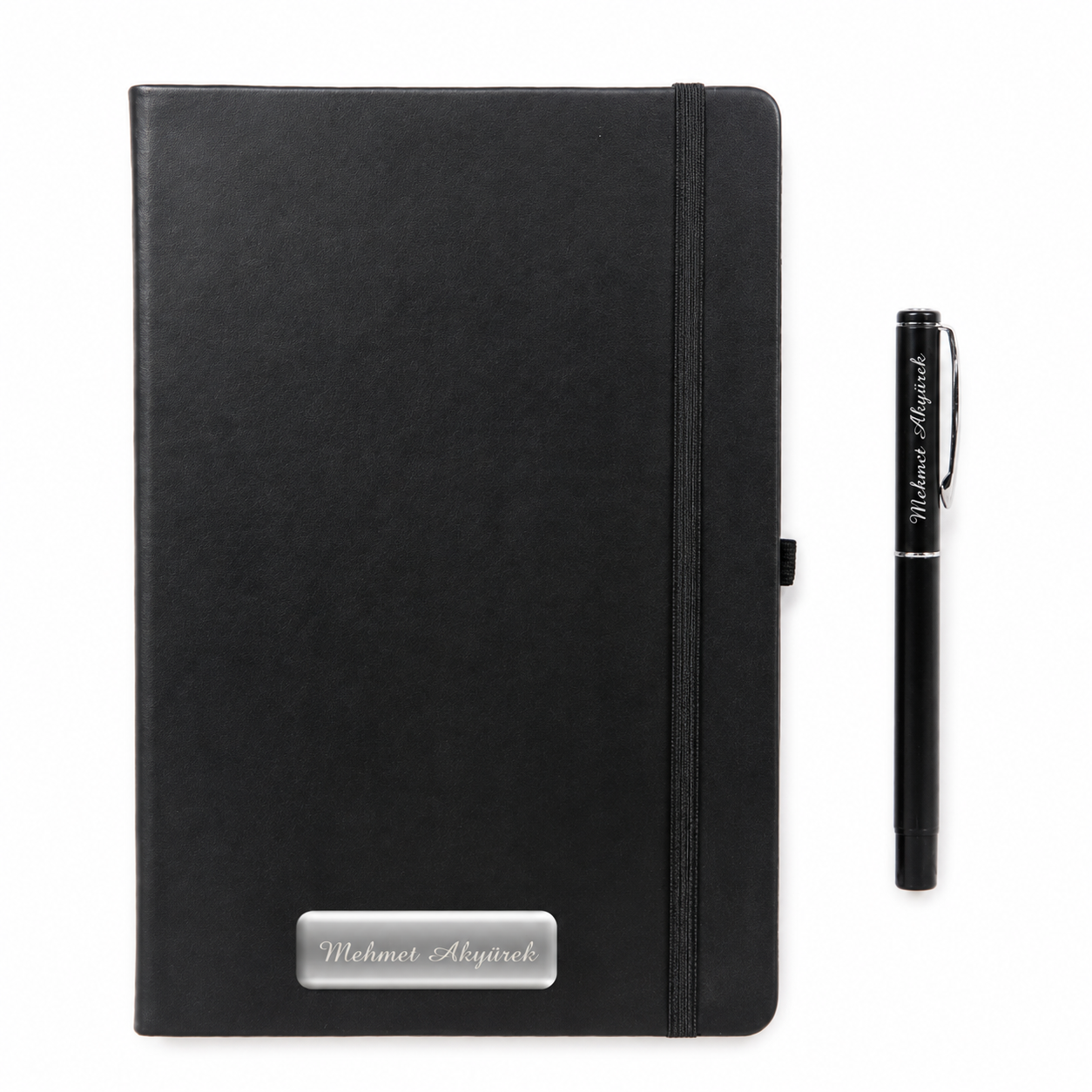 İsme Özel Lastikli Siyah Defter​ ve Siyah Kalem Seti