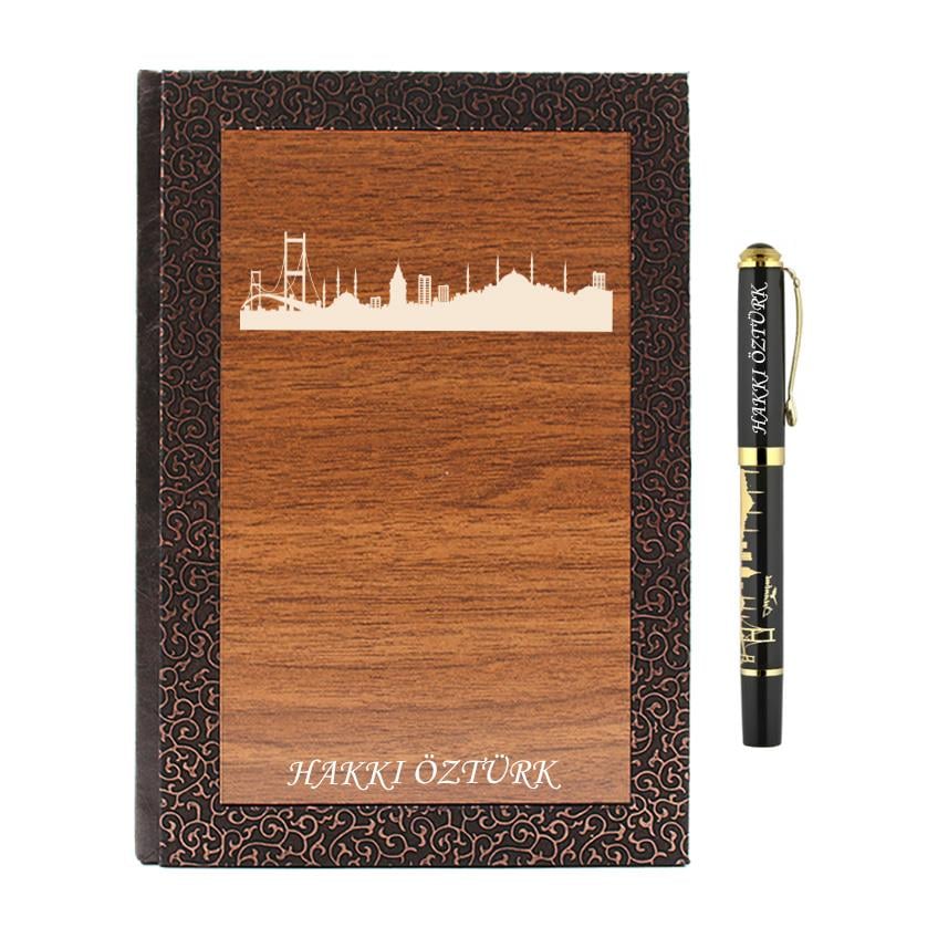 İsme Özel Lux Ahşap Defter ve Roller Kalem Seti - İstanbul Temalı
