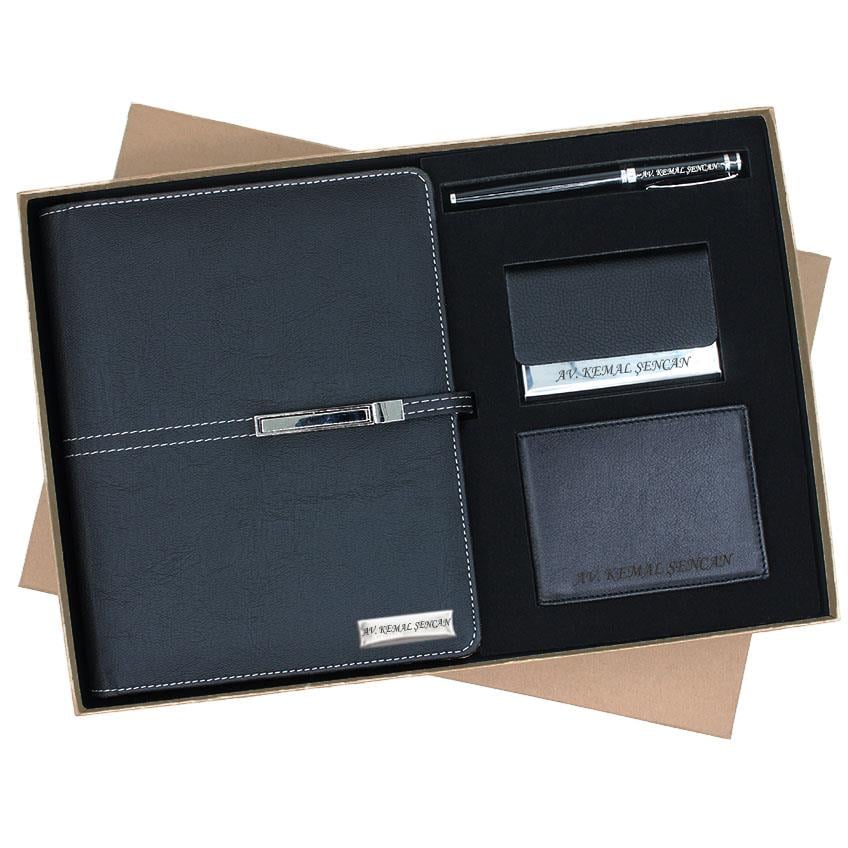 İsme Özel Organizerli Ajanda Deri Cüzdan Kartvizitlik ve Roller Kalem Seti Tasarım Kutulu