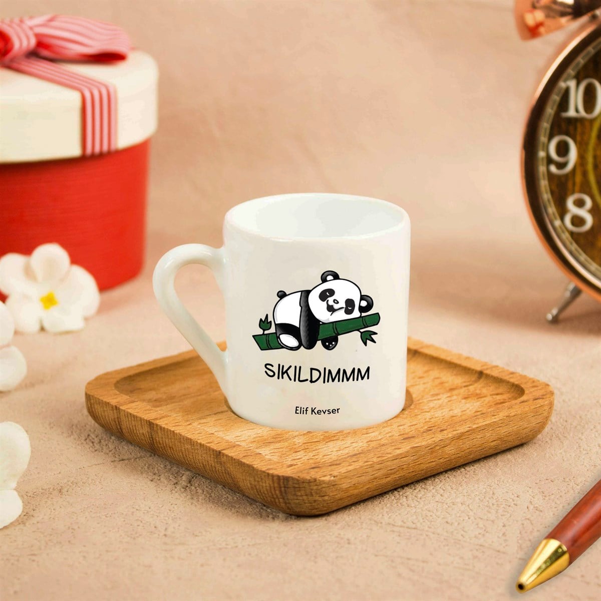 İsme Özel Panda Temalı Ahşap Altlıklı Fincan Seti