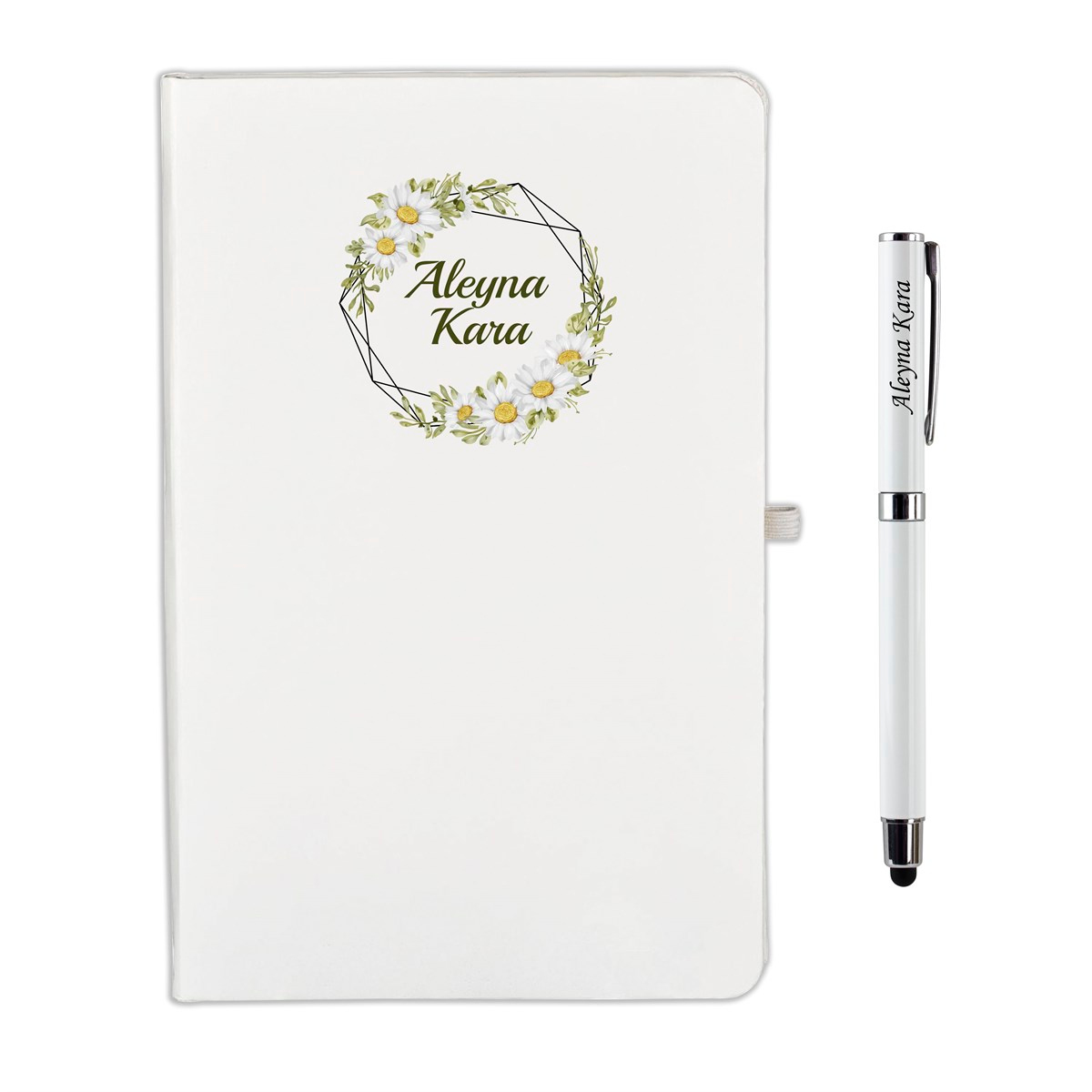 İsme Özel Papatya Çerçeveli Defter ve Kalem Seti