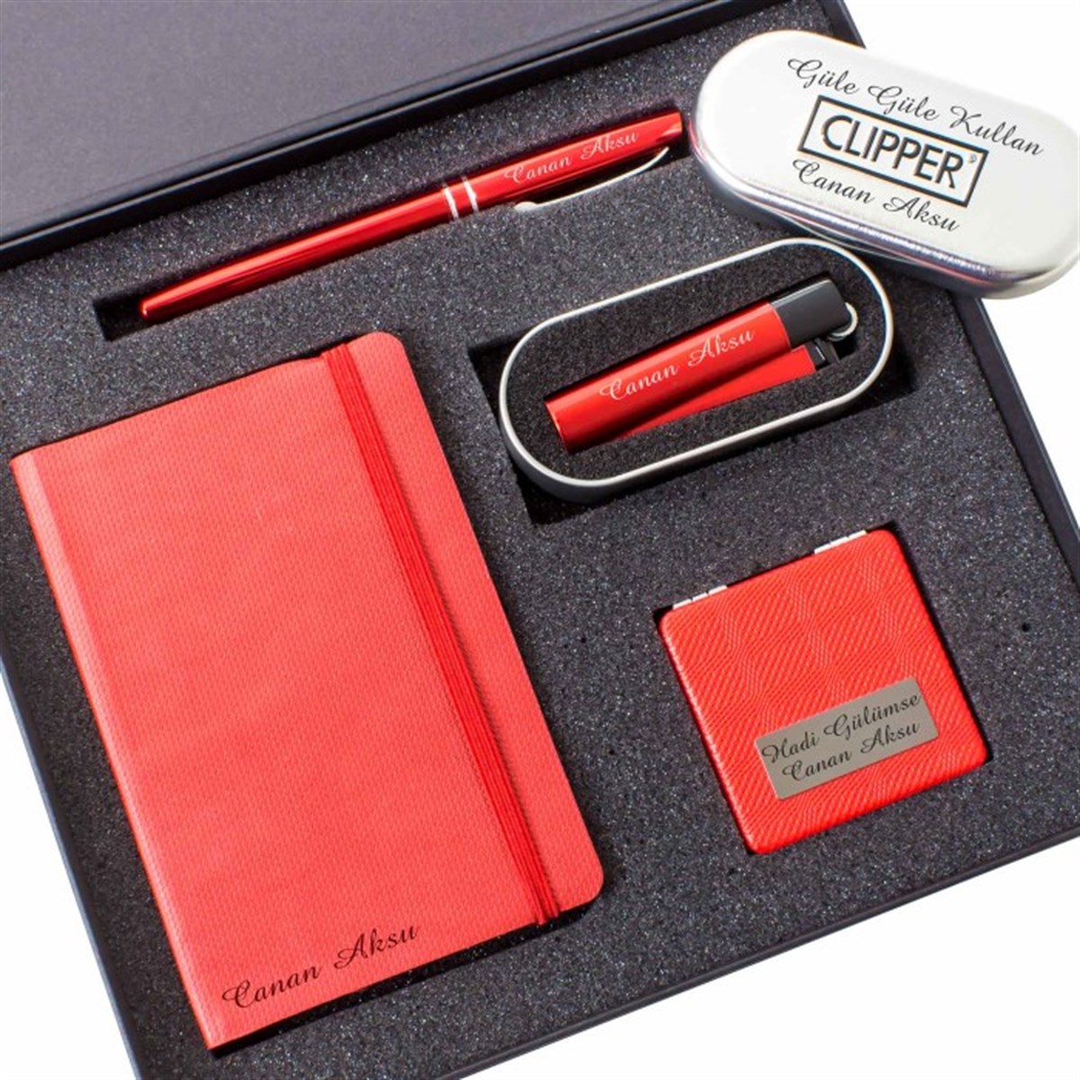 İsme Özel Premium Defter Kalem Ayna ve Çakmak Seti Kırmızı