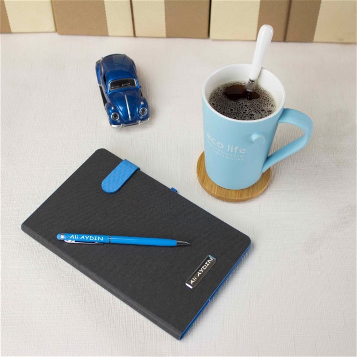 İsme Özel Premium Defter Kupa Bardak Ve Kalem Seti - Mavi
