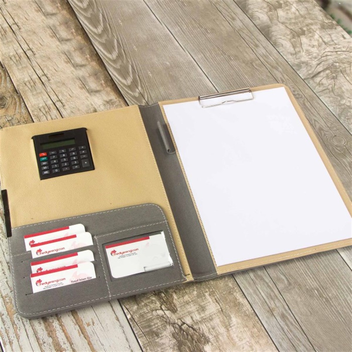 İsme Özel Sekreter Bloknot ve Kalem Seti Gri Büyük Boy