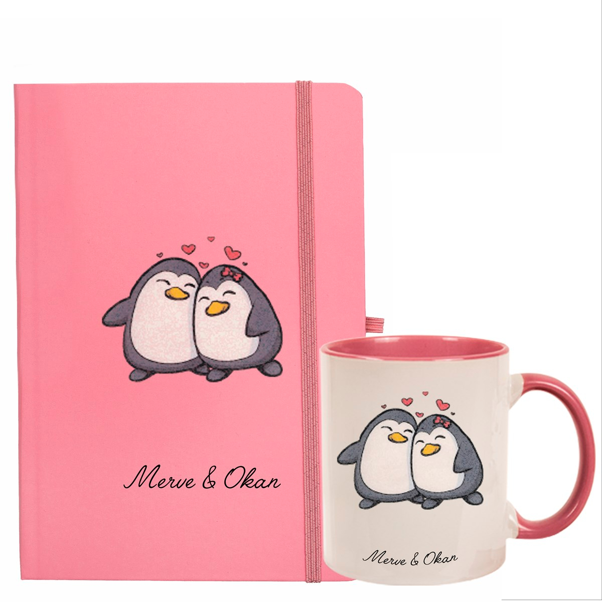 İsme Özel Sevimli Penguenler Temalı Defter Kupa Bardak Seti - Pembe