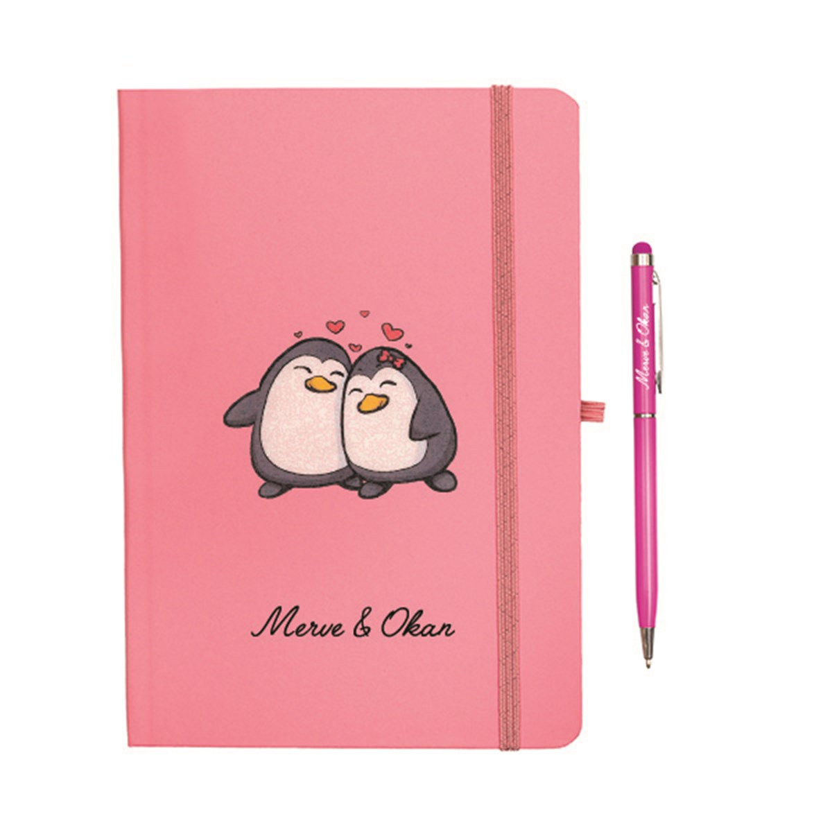 İsme Özel Sevimli Penguenler Temalı  Defter ve Kalem Seti - Pembe