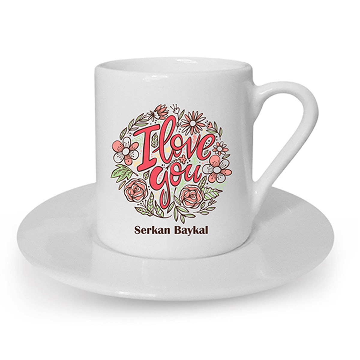 İsme Özel Türk Kahvesi Fincanı Seti - Çiçek Detaylı I Love You Temalı